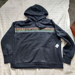 Bebe Sport Black Hoodie Sparkle Stripes Kangaroo Pocket 2X Cool Weather Casual